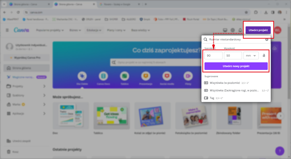 Canva - tworzenie nowego projektu